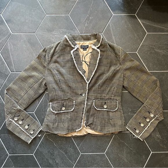 VTG Y2K 2000s Brown Plaid Raw Edge Blazer Button Suit Jacket - Picture 1 of 9
